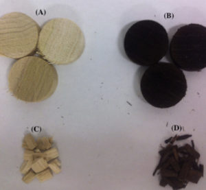 Photographs of biomass for gasifying (A) raw biomass (B) torrefied biomass at 250oC (C) raw biomass grinded for gasification (D) torrefied biomass grounded for gasification