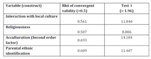 Convergent validity of the measurement scales